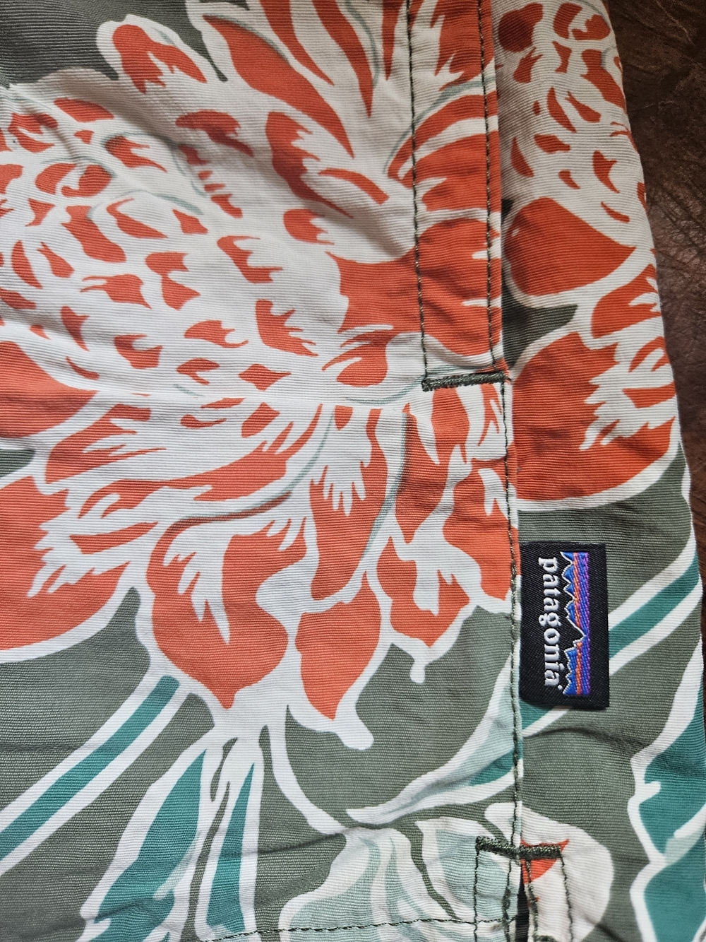 Patagonia Coral Floral Swim Trunks with Green Accents